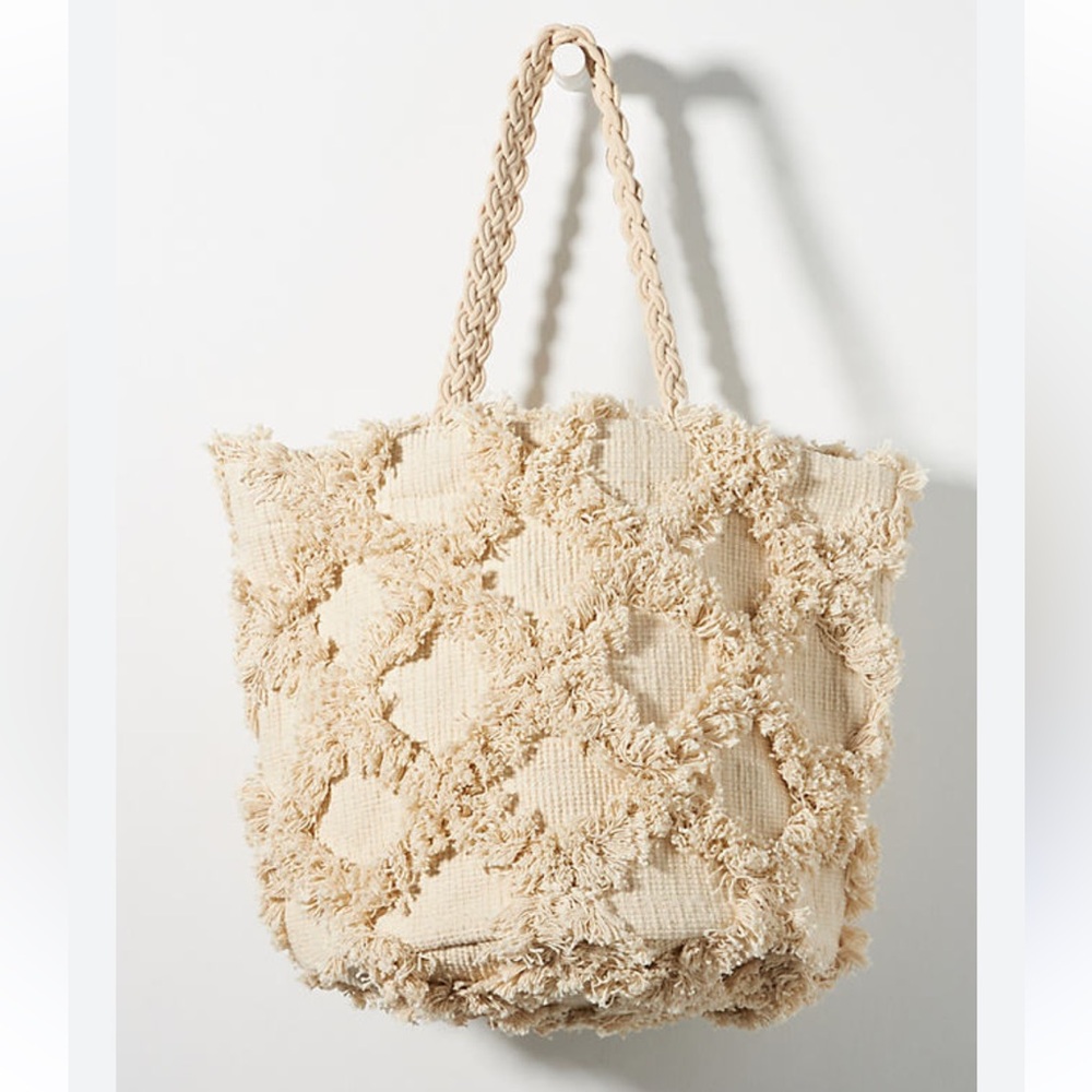 Anthropologie Textured Trellis Tote Bag in beige Boho Cream Purse